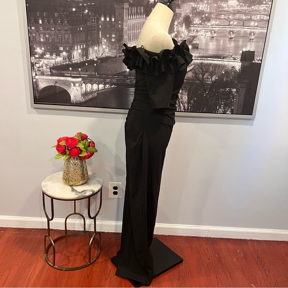 Xscape Black Ruffled Off The Shoulder Maxi Evening Gown NWT - Reemoly - Picture 14 of 16